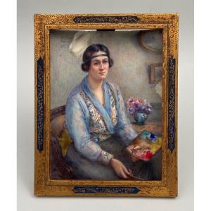 Miniature peinte Magdel MC femme à la palette artiste 1900