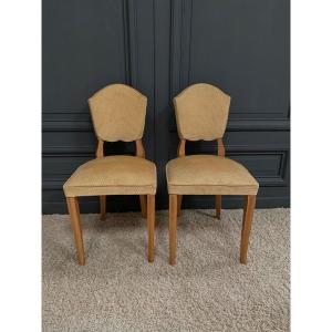 Pair Of 1940 Chairs In Lemon Wood, Saber Legs, Velvet Fabric