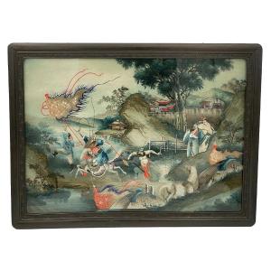 Fixed Under Glass Combat Scene China 19th Century Original Frame