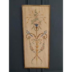 Embroidered Panel 1900 Louis XVI Style Bird Decoration Baguette Frame
