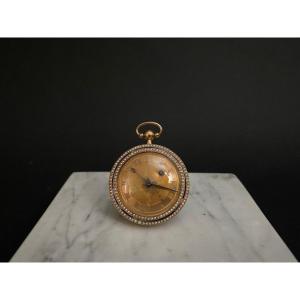 Cockerel Pocket Watch In Gold And Enamel 19th Century Pearl Surround Leather Case