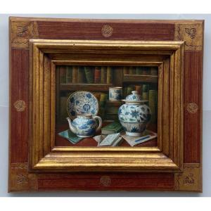 Huile sur panneau par A. Kempendez nature morte porcelaine chinoise