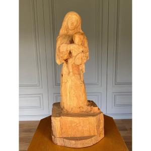 Vierge à l'Enfant bois sculpté dans la masse 1960 atelier d'artiste XXe