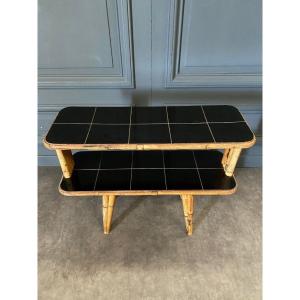End Table Coffee Table In Rattan And Black Ceramic Tiles 1960