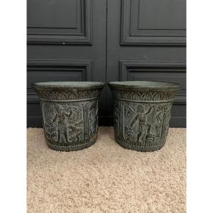 Pair Of Planters From The 60s With Antique Decor, Green Background