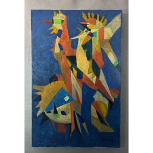 Huile sur toile par Jean Billecocq composition moderne aux coqs 1960