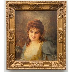 Oil On Panel 1900 Portrait Of Woman With Slight Smile In Costume