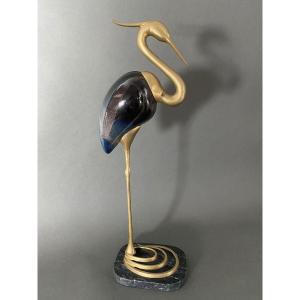 Large Crane Wader In Bronze Lacquer And Marble Mid-20th Century