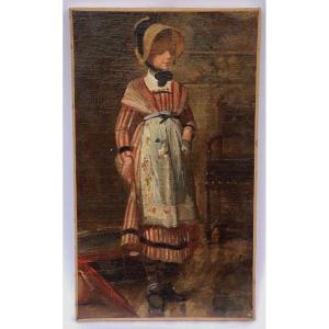 Oil On Canvas Portrait Of Young Girl On Foot In Period Costume