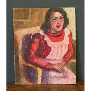 Oil On Panel Young Girl In A Pink Dress 1940 By Guillot De Raffaillac