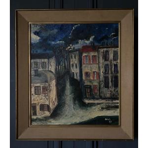 Oil On Panel By Mick Representing A Street At Night 1965