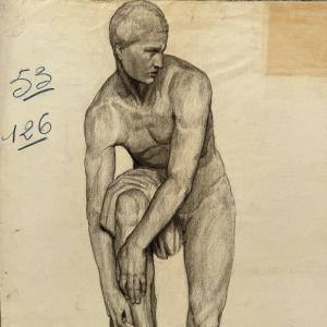 Academic Nude In Antique By Berger Dit Lheureux Biloul Charcoal 20th Century