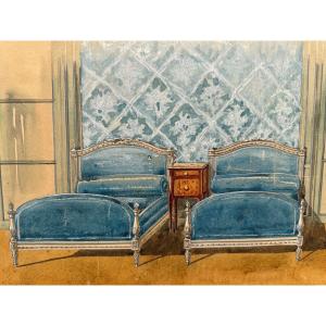 Louis XVI Style Bedroom Interior Decoration Project 20th Century Gouache