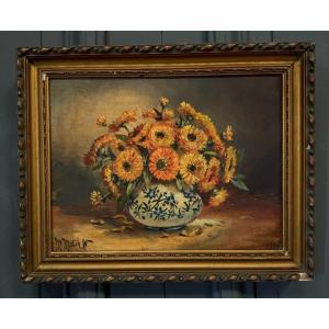 Oil On Canvas Still Life Bouquet Of Flowers 20th Century M. Meton