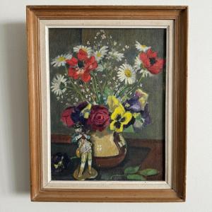Oil On Canvas Still Life With Flowers And Statuette 1920