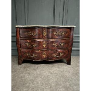 18th Century Louis XV Chest Of Drawers In Marquetry Decorated With Marble