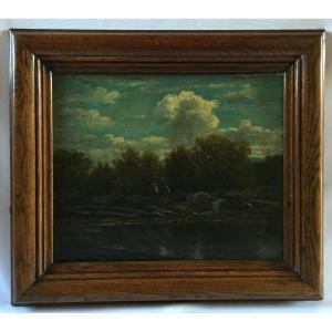 Oil On Wooden Panel By Chevalier 1878 Barbizon Scene Wooden Frame