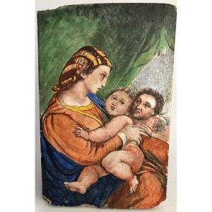 Peinture sur carreau Vierge Madone d'après Raphaël XIXe 21 Martin Brey