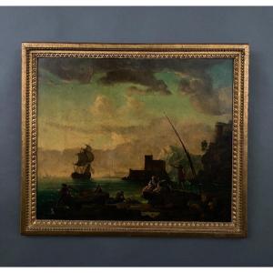 Huile sur panneau scène de port suiveur de Delacroix Marseille XIXe