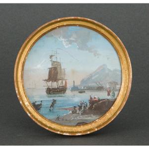 Miniature galion et scène de port cadre en bois doré