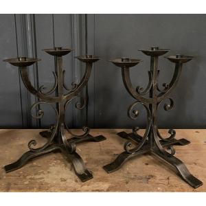 Pair Of Neo-gothic Ironwork Candlesticks With 3 Lights 1940
