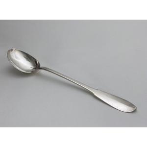 18th Century Solid Silver Stew Spoon With Monogram And Hallmarks 233 Grams