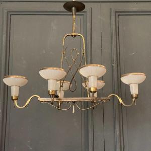 Chandelier In Gilded Metal 1950 6 Lights Cut In Frosted Glass