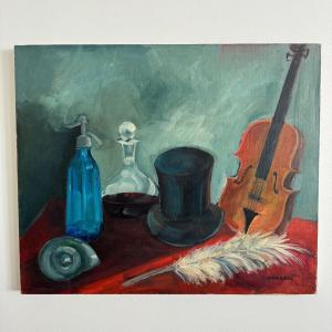 Huile sur toile par Arrabal nature morte au violon et au siphon XXe