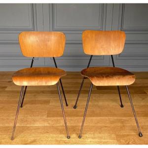 Pair Of Curved Chairs 1960 Tubular Metal Robert Mathieu