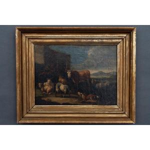 Oil On Canvas 18th Century Scene Of Animals And Shepherd Golden Frame