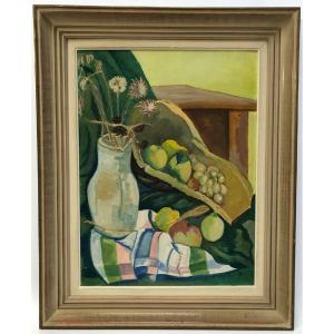 Nature morte vase de fleurs et coupe de fruits 1940 huile sur carton