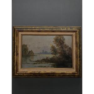 Oil On Panel Representing A River Early 20th 1914