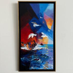 Huile sur toile Pierrick Tual Lumière du Littoral la mer et les mouettes