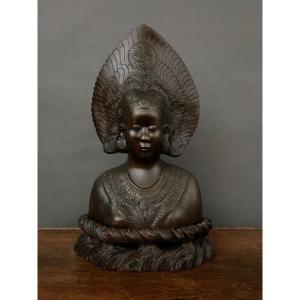 Bust Of Balinese Indochinese Dancer Crowned Peacock Wheel Bronze