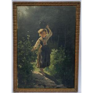 Oil On Cardboard Young Girl With A Pitcher Late 19th Century Undergrowth Barbizon