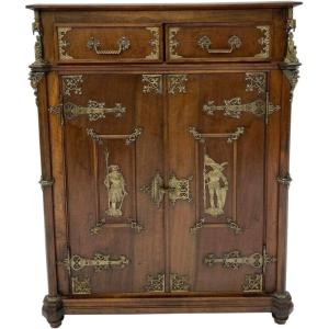 Neo-gothic Walnut Sideboard Signed M. Ringel With 19th Century Bronze Ornamentation