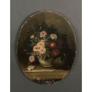 Oil On Canvas By A. Flun Bouquet Of Flowers Still Life With Vase 19th Century 