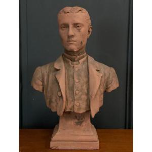 Terracotta Bust By Aragon 1887 Young Man In Frock Coat