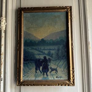 Huile sur toile par Bernard XXe représentant une fermière sur un chemin