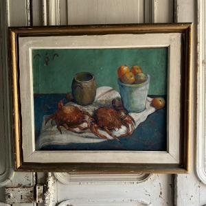 Watercolor On Paper By E. Legros 1956 Still Life With Crabs