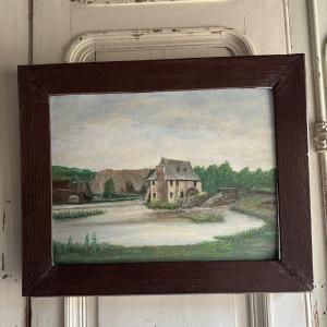 Oil On Cardboard Early 20th Century Water Mill Baguette Frame