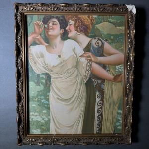 Lithograph On Cardboard 2 Women 1900 Art Nouveau