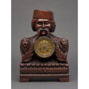 Richly Ornamented Carved Wooden Clock 19th Century Chinese Sage