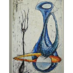 Oil On Canvas Abstract Composition 1960 Signed Dinness 