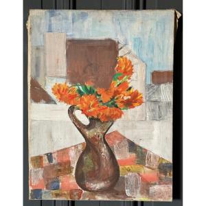 Oil On Canvas Still Life Bouquet Of Flowers Mid 20th Century