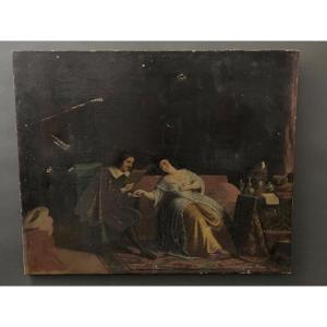 Oil On Canvas Interior Scene 17th Century 19th Century Couple Of Courtiers