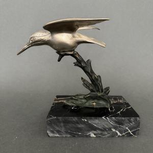 Art Deco 1930s Silvered Bronze Sculpture Kingfisher Double Patina