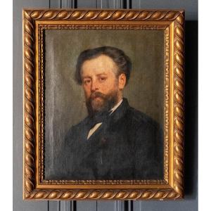 Huile sur toile portrait d'homme barbu XIXe cadre doré cachet Jérome Ottoz