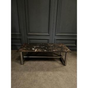 1970 Coffee Table With Fossilized Stone Top On A Chrome Base