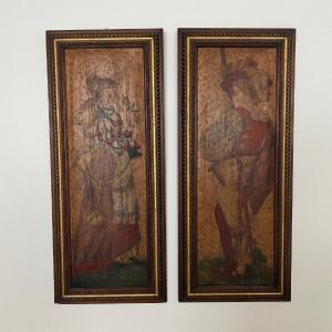 Pair Of Painted Wooden Panels With Haute Epoque Decor And Wooden Frame